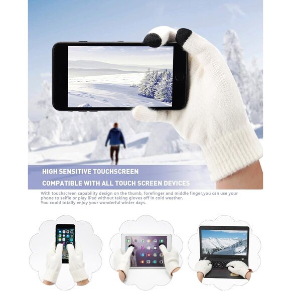 Women's White Warm Knit Beanie Hat Touchscreen Gloves Long Neck Scarf Set - Picture 4 of 7